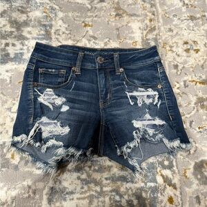American Eagle Outfitters Dark Blue Distressed MIDI Denim Shorts